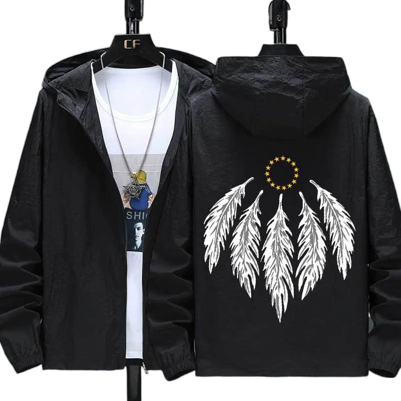 Hooded Jacket with Feather Print Plus Size Jacket