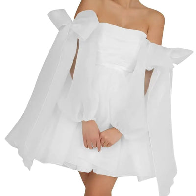 Off The Shoulder Organza Homecoming Dresses Bow Tie Long Sleeve Prom Dresses Short A-Line Formal Cocktail Party Gown White US04