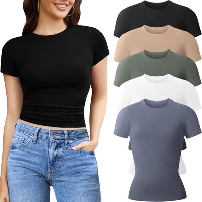 CE CERDR 3/5 Pack Womens T Shirts Crew Neck Short Sleeve Shirts for Women Casual Basic Fitted Stretchy Tee Tops