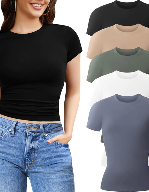 Load image into Gallery viewer, CE CERDR 3/5 Pack Womens T Shirts Crew Neck Short Sleeve Shirts for Women Casual Basic Fitted Stretchy Tee Tops
