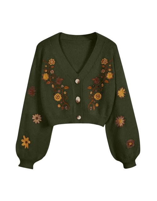 Load image into Gallery viewer, GORGLITTER Womens V Neck Floral Embroidered Cardigan Sweaters Lantern Sleeve Button Down Cropped Cardigan Army Green Medium
