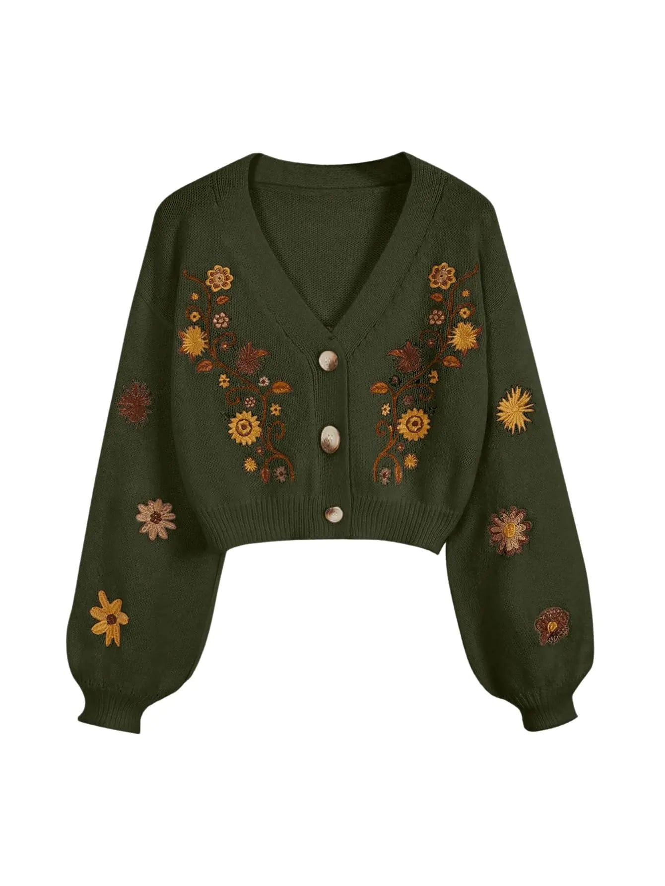 GORGLITTER Womens V Neck Floral Embroidered Cardigan Sweaters Lantern Sleeve Button Down Cropped Cardigan Army Green Medium