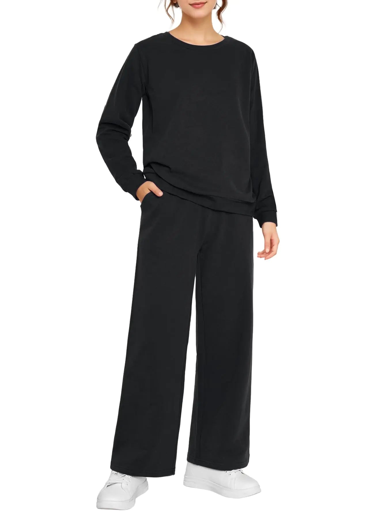 Weintee Womens Petite Sweatsuits Wide Leg Sweatpants and Sweatshirt Sets Jogging Suits S Black