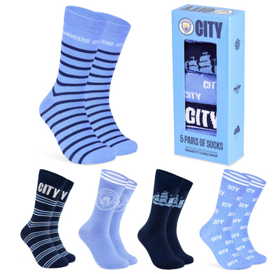Manchester City FC Mens Socks - Pack of 5 Crew Socks for Men Teenagers Soft Breathable Size 8-13 Man City Gifts for Him