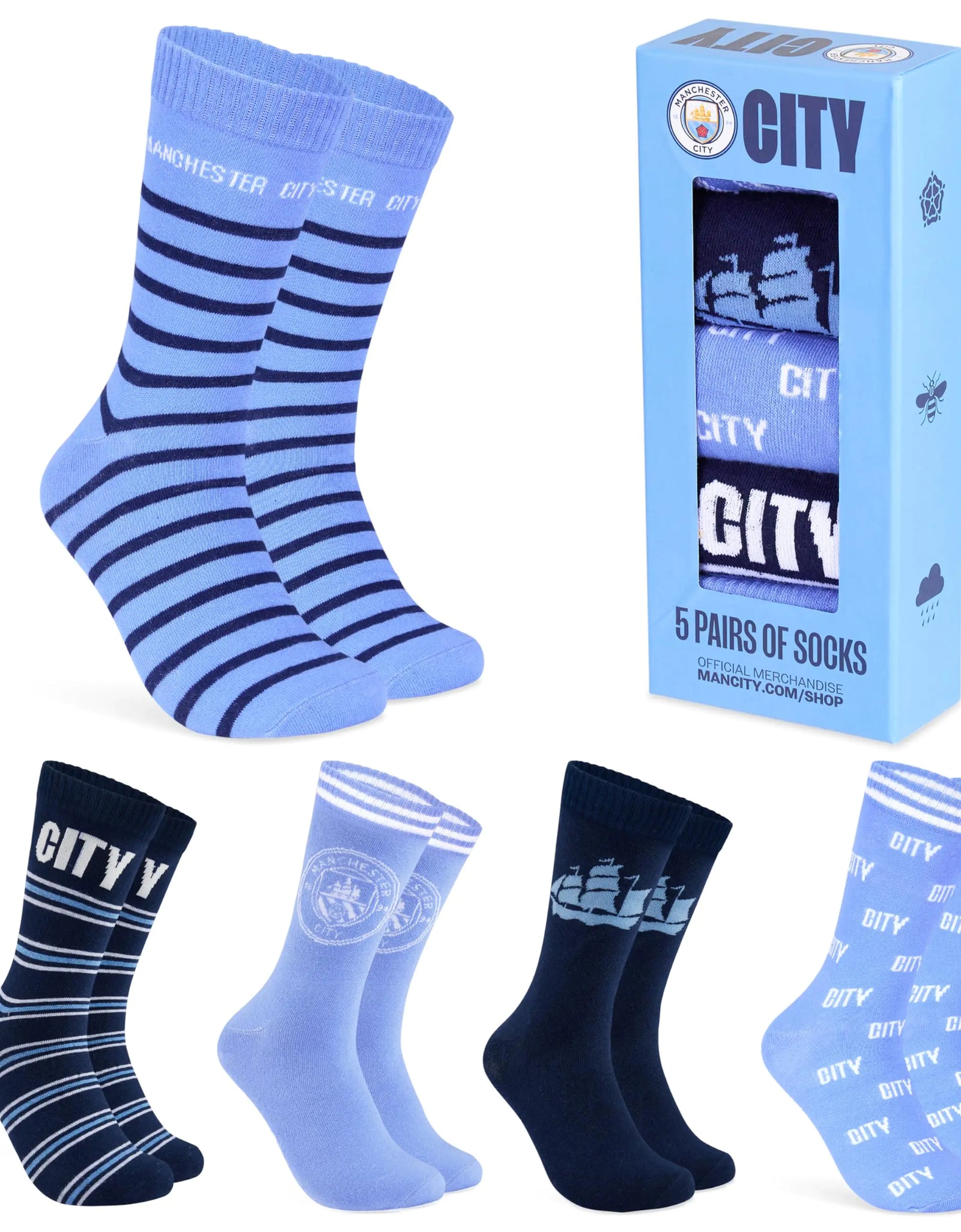Manchester City FC Mens Socks - Pack of 5 Crew Socks for Men Teenagers Soft Breathable Size 8-13 Man City Gifts for Him