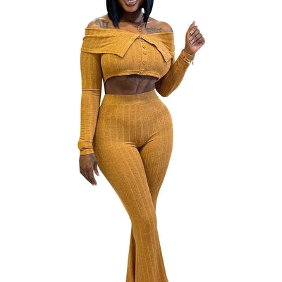 Fastkoala Sexy Two Piece Outfits for Women Casual Long Sleeve Off Shoulder Flare Wide Leg Pants Sets Sweatsuits Yellow L