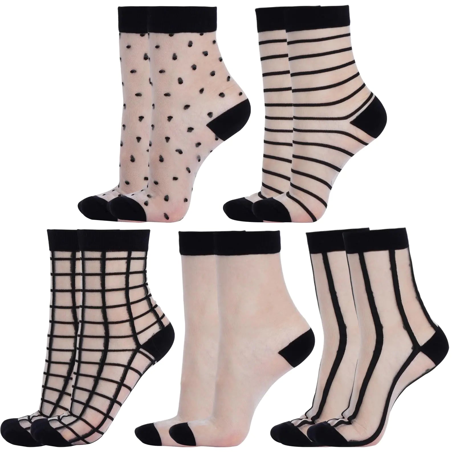 SUMERSHA 5 paires de chaussettes transparentes pour femme, chaussettes cheville en résille noire, chaussettes fines en résille transparente, chaussettes décontractées d'été