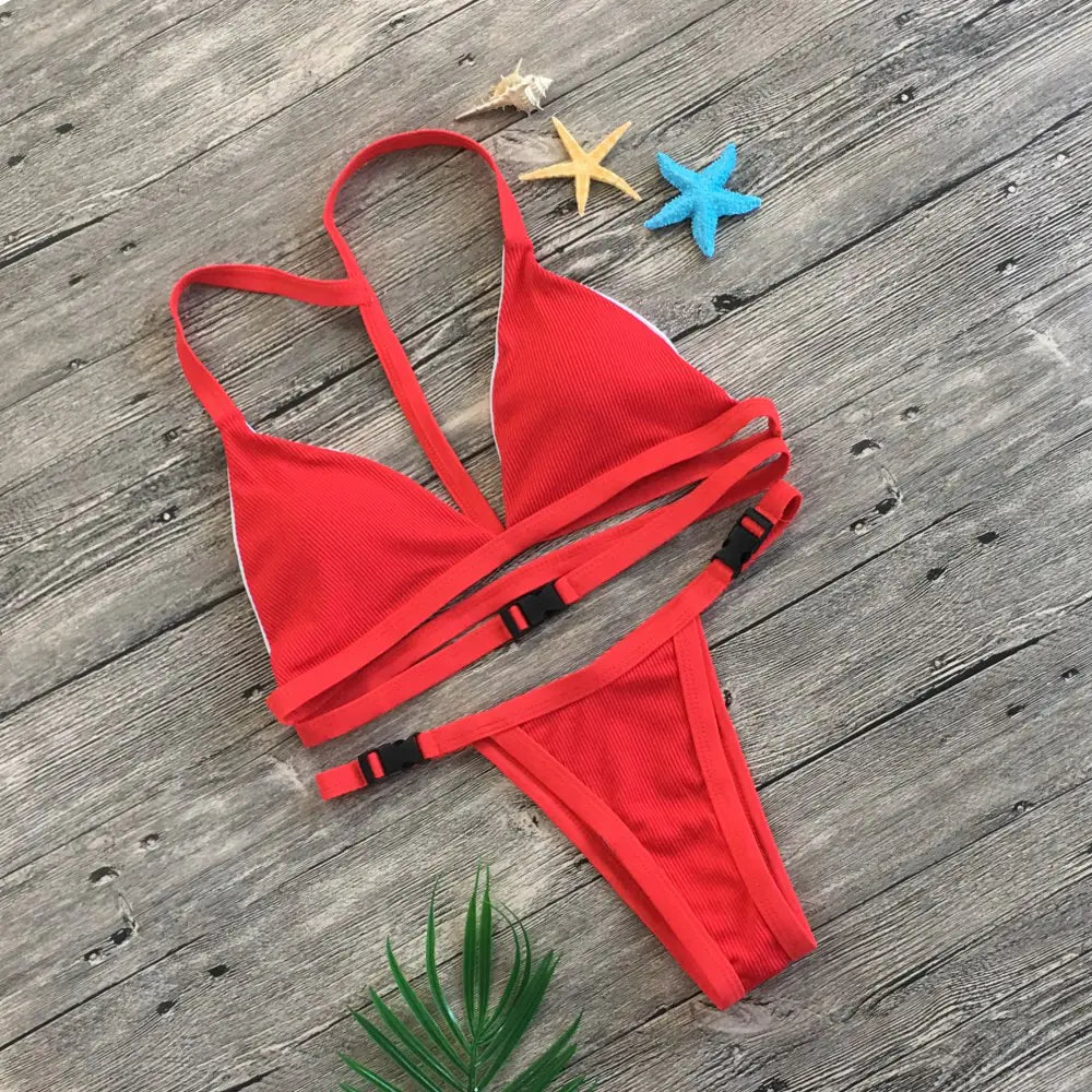 Solid Color Bikini Set with Buckle Swimwear