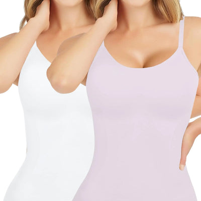 AURUZA 2PCS Womens Shapewear Tummy Control Scoop Neck Camisole Tops for Women Seamless Compression Tank Top Regular Plus Size S White+Lavender