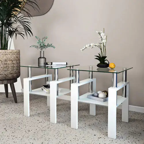 Cargar imagen en el visor de la galería, Juego de 2, mesa de té, café y auxiliar de vidrio templado moderno, mesa cuadrada para sala de estar, blanco transparente
