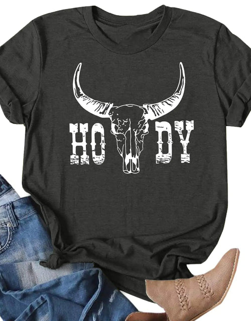 Load image into Gallery viewer, Howdy Shirt Women Cow Skull Shirt Western Country T Shirts Vintage Cowgirl Shirts Casual Short Sleeve Tee Tops
