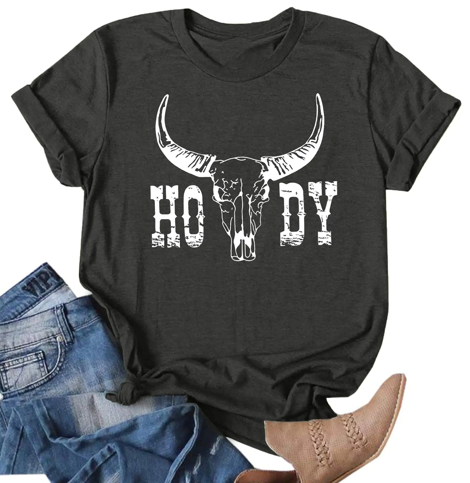 Howdy Shirt Women Cow Skull Shirt Western Country T Shirts Vintage Cowgirl Shirts Casual Short Sleeve Tee Tops