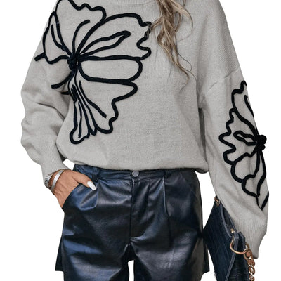 Verdusa Womens Floral Mock Neck Long Sleeve Sweaters Dressy Casual Cute Pullover Knit Sweater Tops Grey X-Large