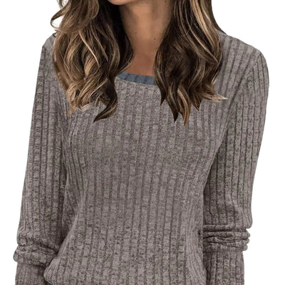 Leafsay Blusas de punto ligeras de manga larga con cuello redondo y bloques de color para mujer 2024, túnica casual de ajuste holgado (A-MarrónL)