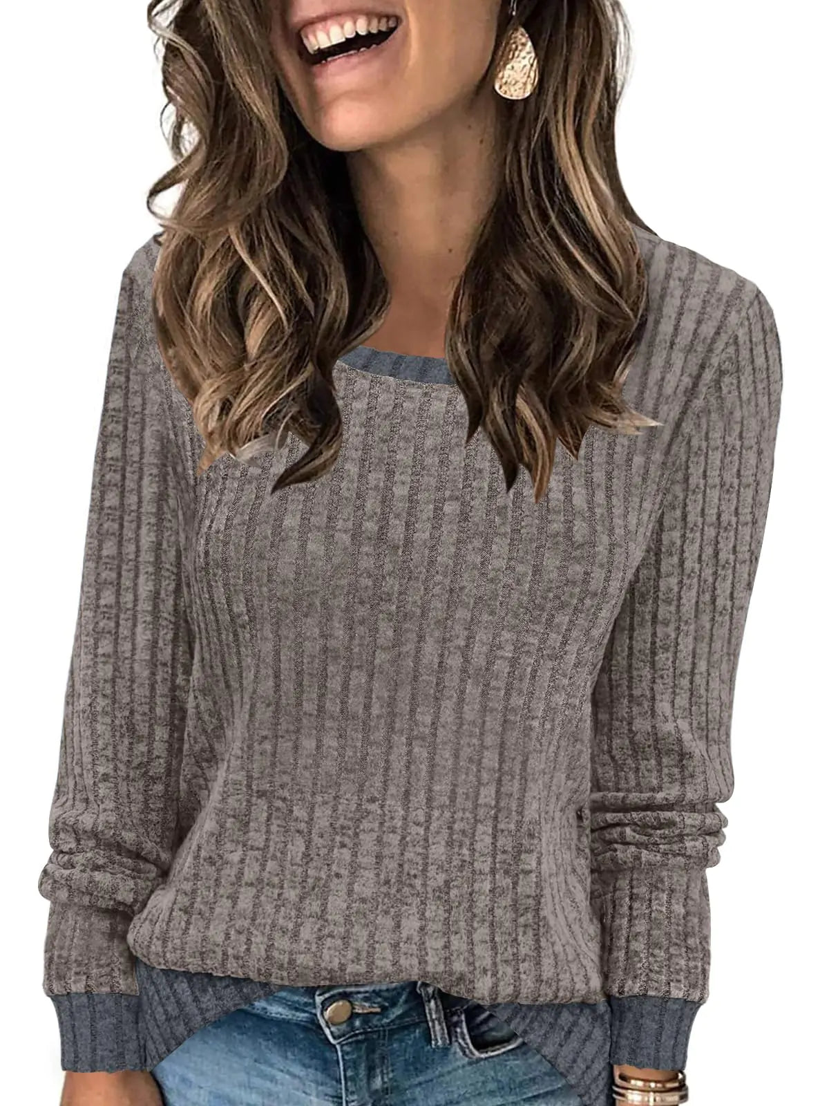 Leafsay Blusas de punto ligeras de manga larga con cuello redondo y bloques de color para mujer 2024, túnica casual de ajuste holgado (A-MarrónL)