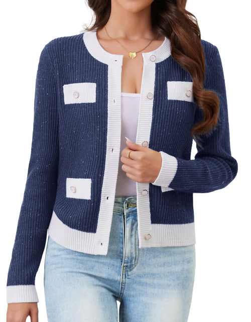 Cargar imagen en el visor de la galería, Cárdigans de punto para mujer, cortos, de otoño, manga larga, frente abierto, con botones, tops de invierno, azul real

