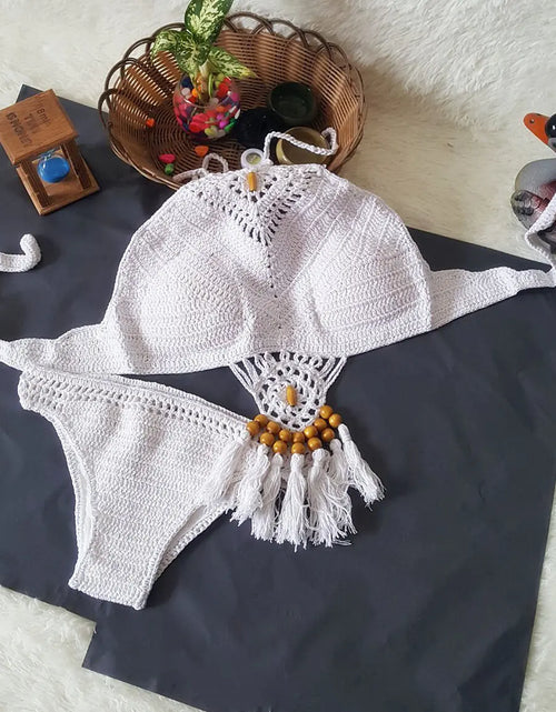 Load image into Gallery viewer, Swimwear Set with Handmade Crochet Tassels
