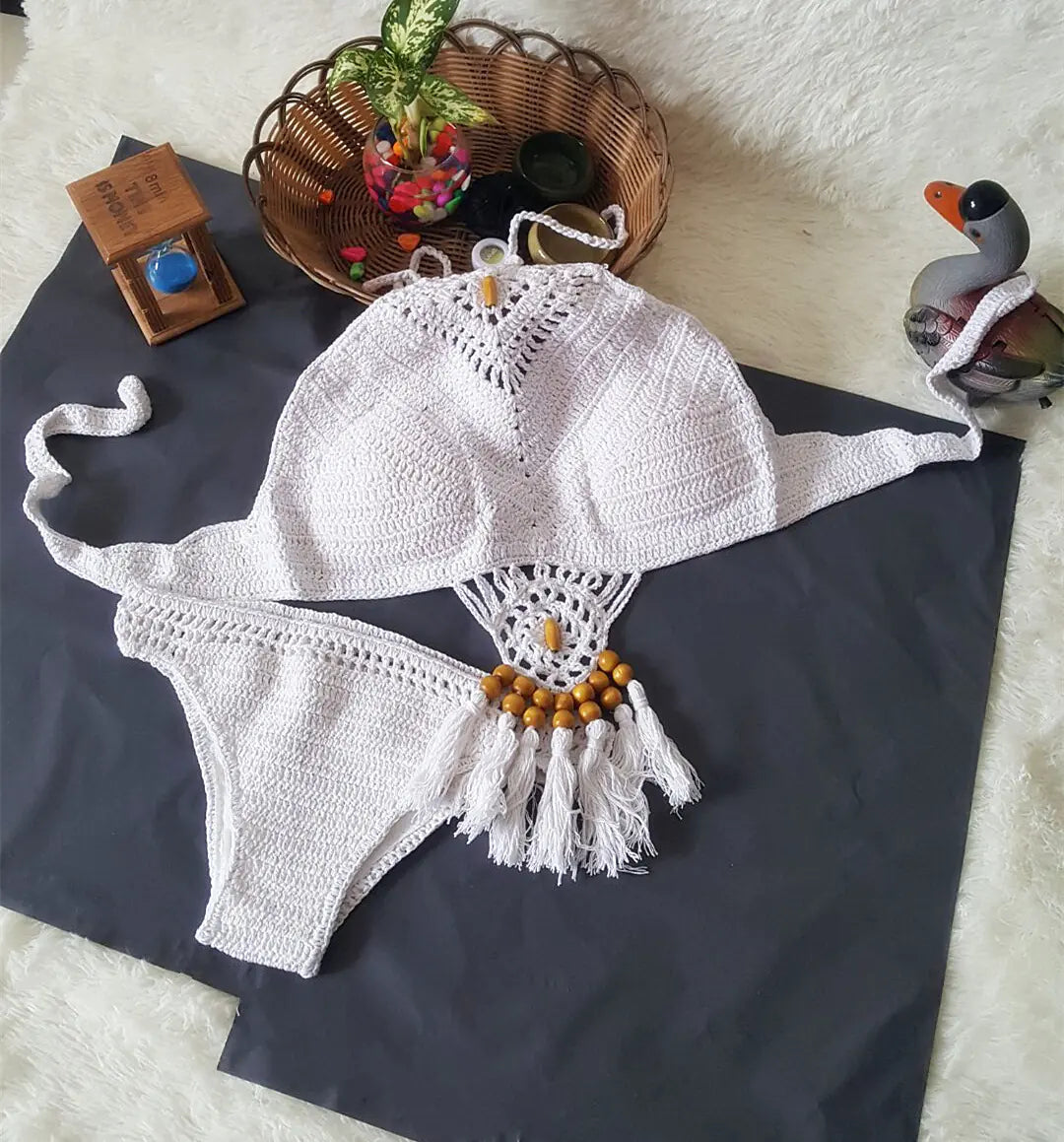 Swimwear Set with Handmade Crochet Tassels