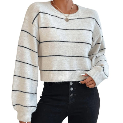 GORGLITTER Suéteres de manga larga a rayas para mujer, cuello redondo, hombros caídos, suéteres cortos, beige, talla M