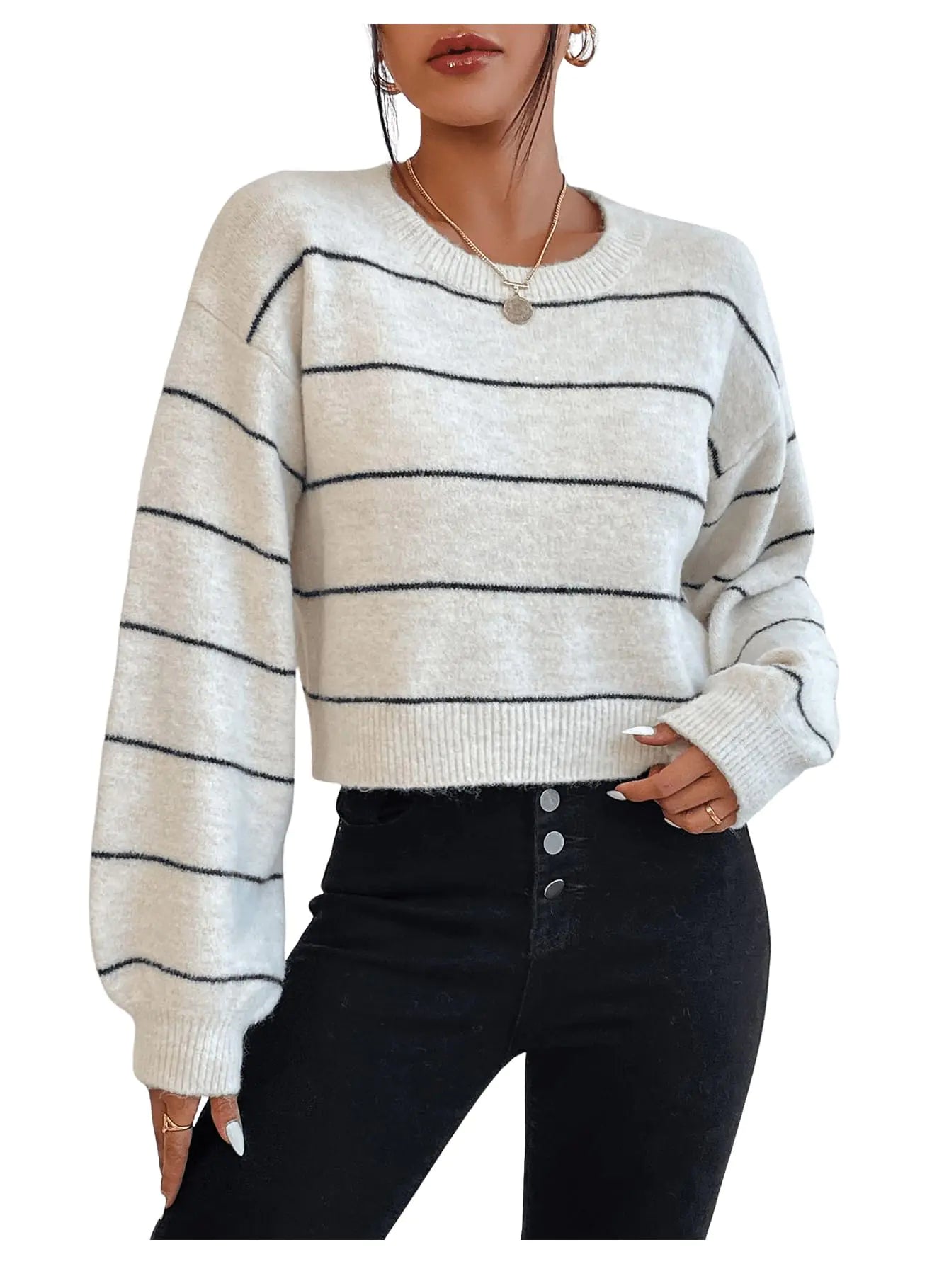 GORGLITTER Pulls Rayés Femme Manches Longues Col Rond Épaules Tombantes Haut Court Beige Medium