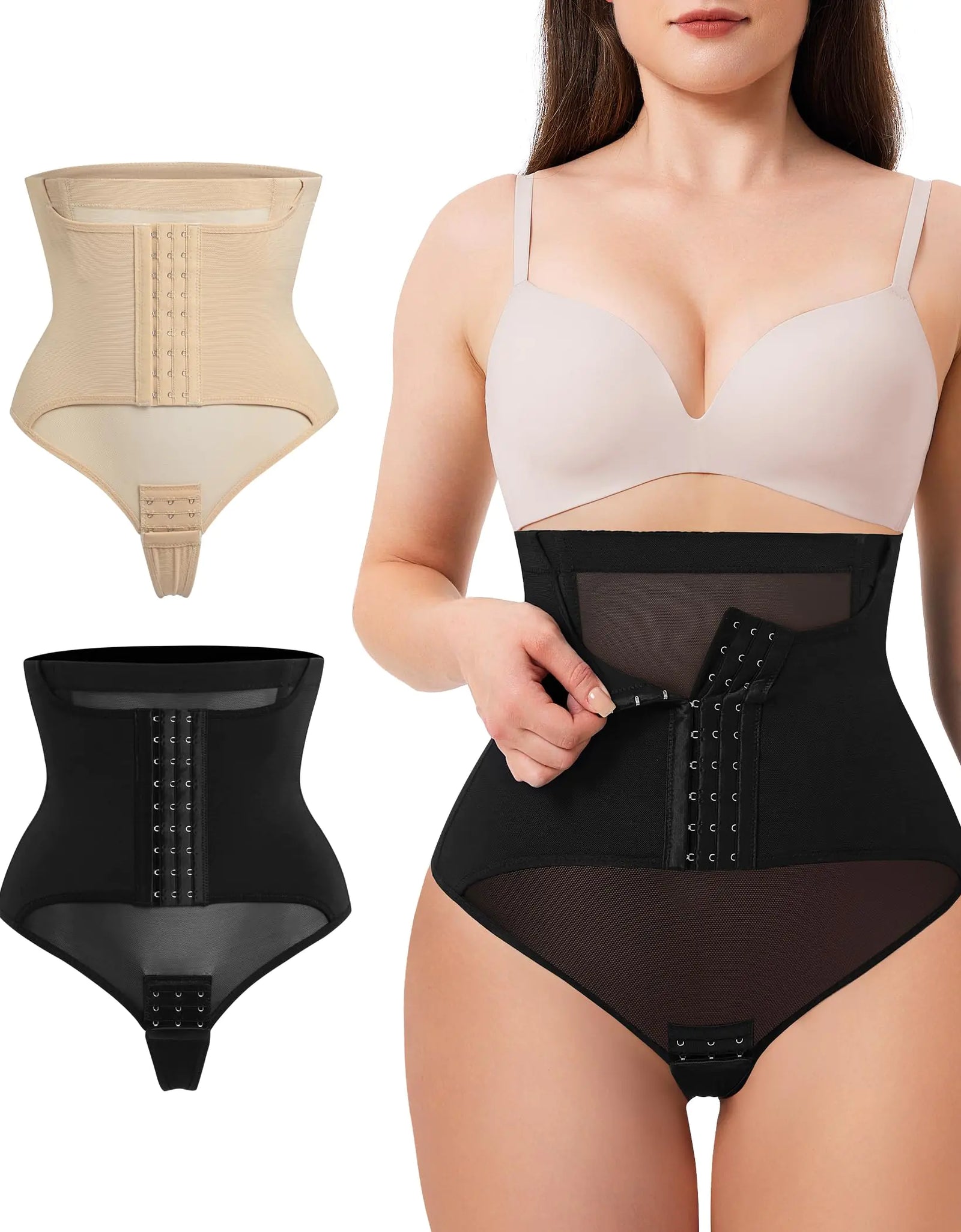 MERYOSZ Tanga gainant pour femme, contrôle du ventre, taille haute, liftant les fesses, sous-vêtement amincissant (Noir+BeigeMedium)