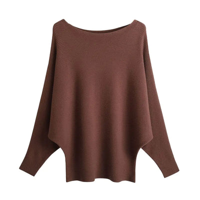 Blostirno Suéter de punto acanalado de manga murciélago con cuello barco para mujer, tops Coffee
