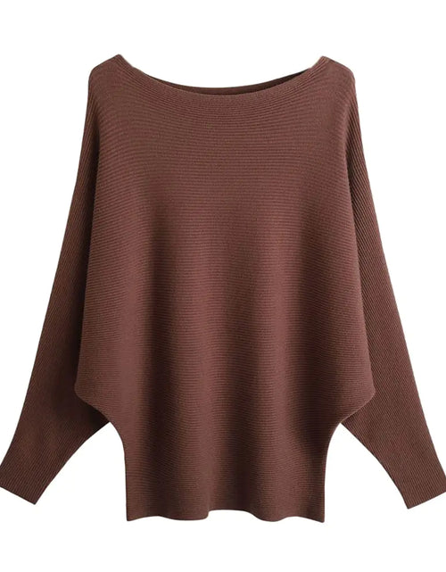 Cargar imagen en el visor de la galería, Blostirno Suéter de punto acanalado de manga murciélago con cuello barco para mujer, tops Coffee
