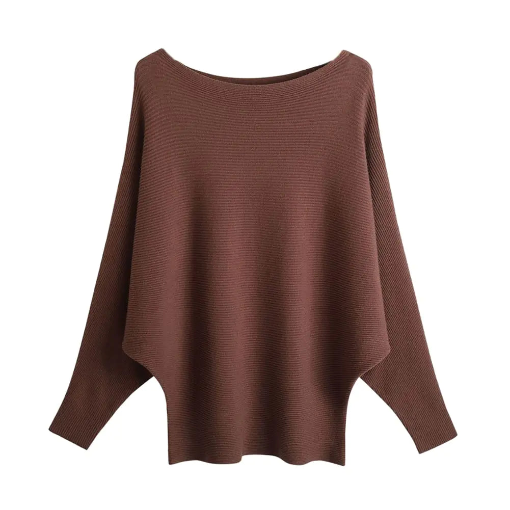 Blostirno Suéter de punto acanalado de manga murciélago con cuello barco para mujer, tops Coffee