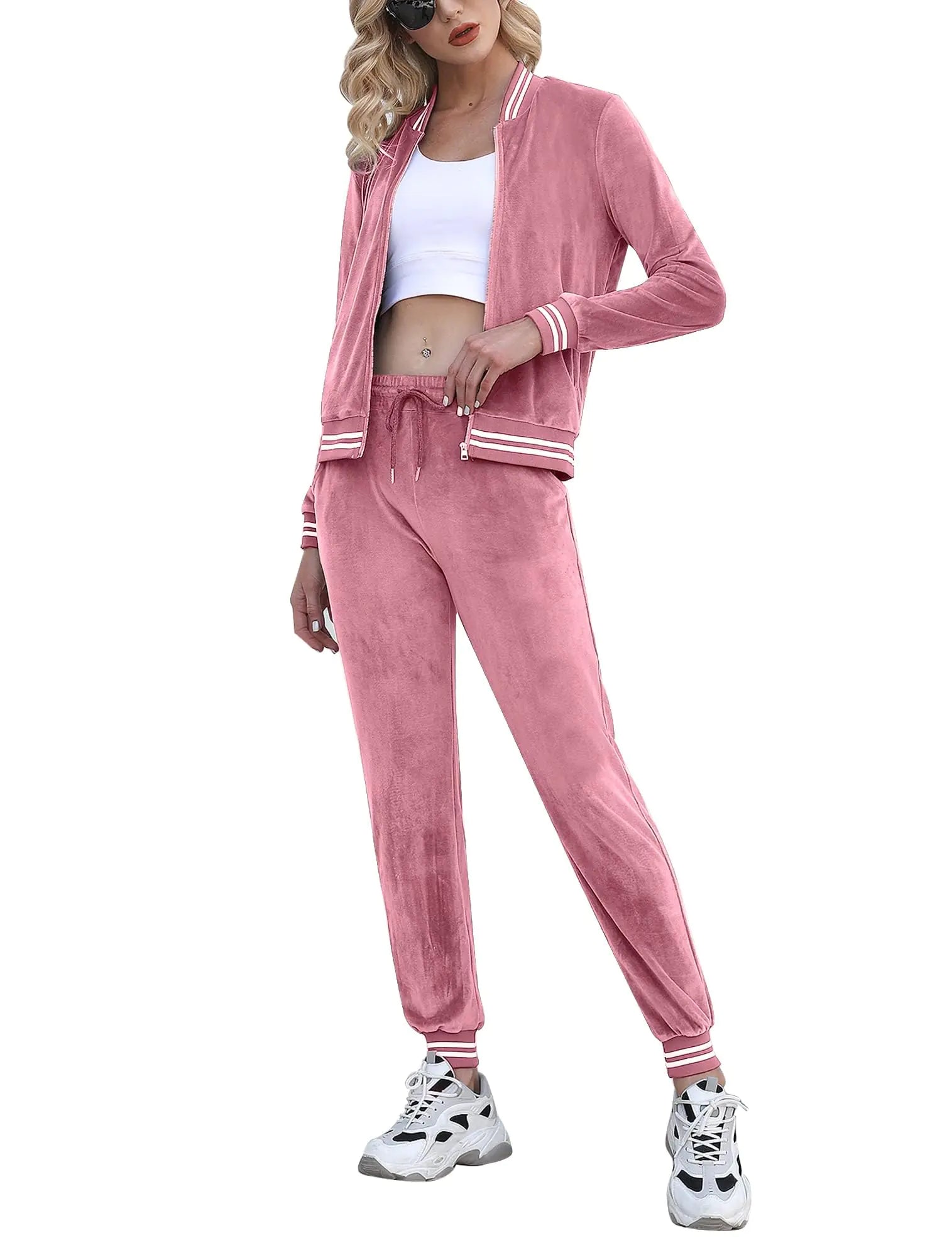 Totatuit Womens 2 Piece Velour Tracksuit Long Sleeve Sweatsuits Zip Up Velvet Jogging Suit Sets with Pockets Dark Pink Small