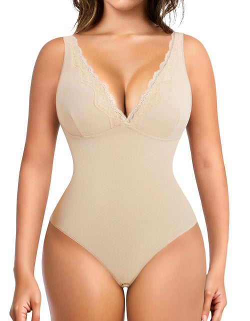 Load image into Gallery viewer, MERYOSZ Shapewear Bodysuit Tummy Control Body Shaper for Women V Neck Bodysuits Thong Lace Camisoles Jumpsuit Tops (Beige X-Large)
