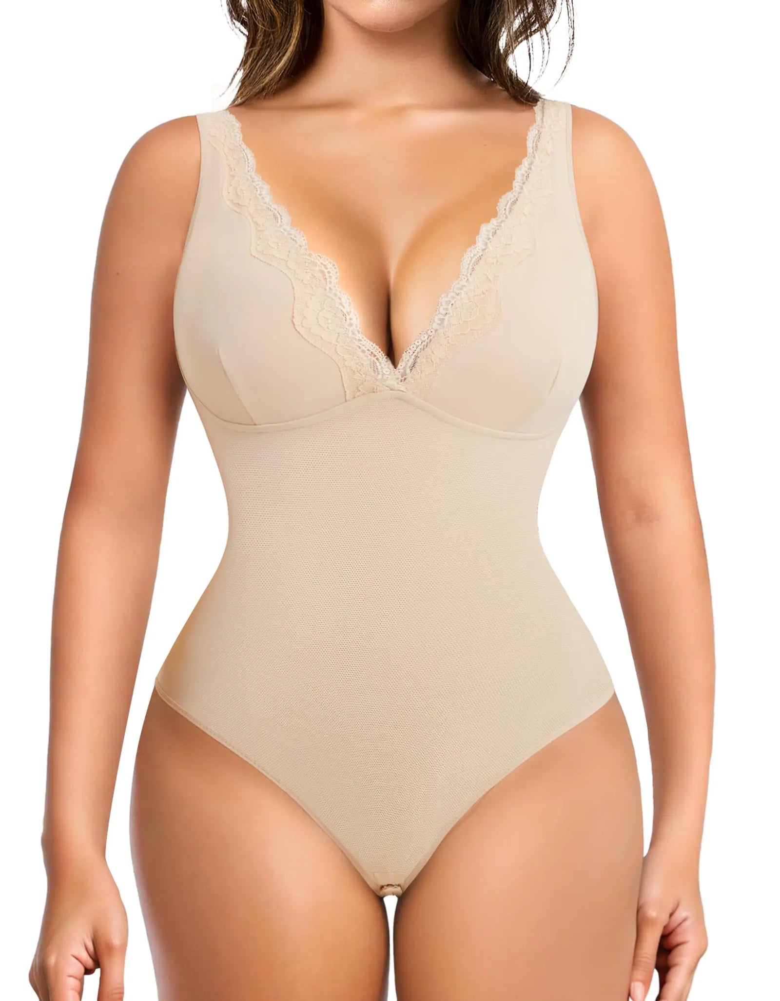 MERYOSZ Shapewear Bodysuit Tummy Control Body Shaper for Women V Neck Bodysuits Thong Lace Camisoles Jumpsuit Tops (Beige X-Large)