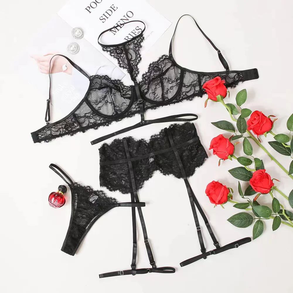 Ensemble de lingerie porte-jarretelles femme à dos nu