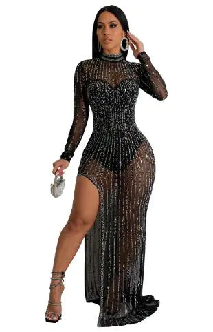 Charger l'image dans la visionneuse de galerie, Robe de lingerie à manches longues et col montant avec strass
