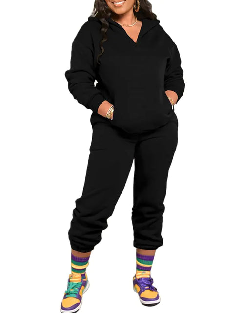 Load image into Gallery viewer, HTD Two Piece Outfits for Women Casual Long Sleeve Sweatsuits Set Comfy Pullover Tracksuit Matching Jogger Pants Sets Black XL
