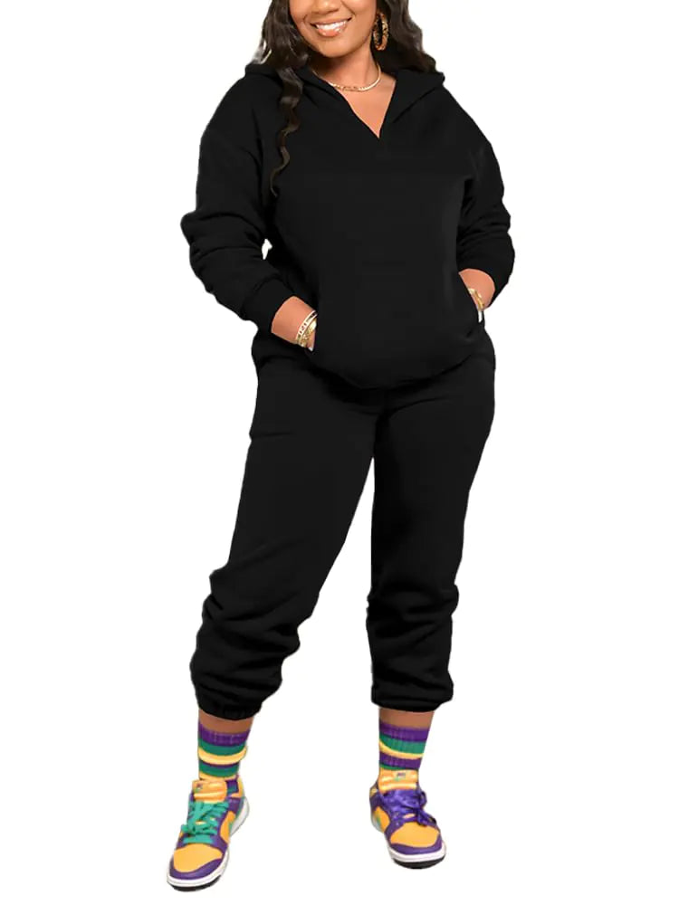 HTD Two Piece Outfits for Women Casual Long Sleeve Sweatsuits Set Comfy Pullover Tracksuit Matching Jogger Pants Sets Black XL