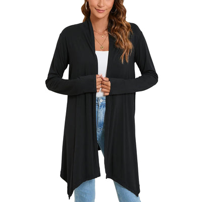 Cárdigan drapeado frontal abierto SYVILA para mujer, ligero, negro, informal, manga larga, suéteres suaves
