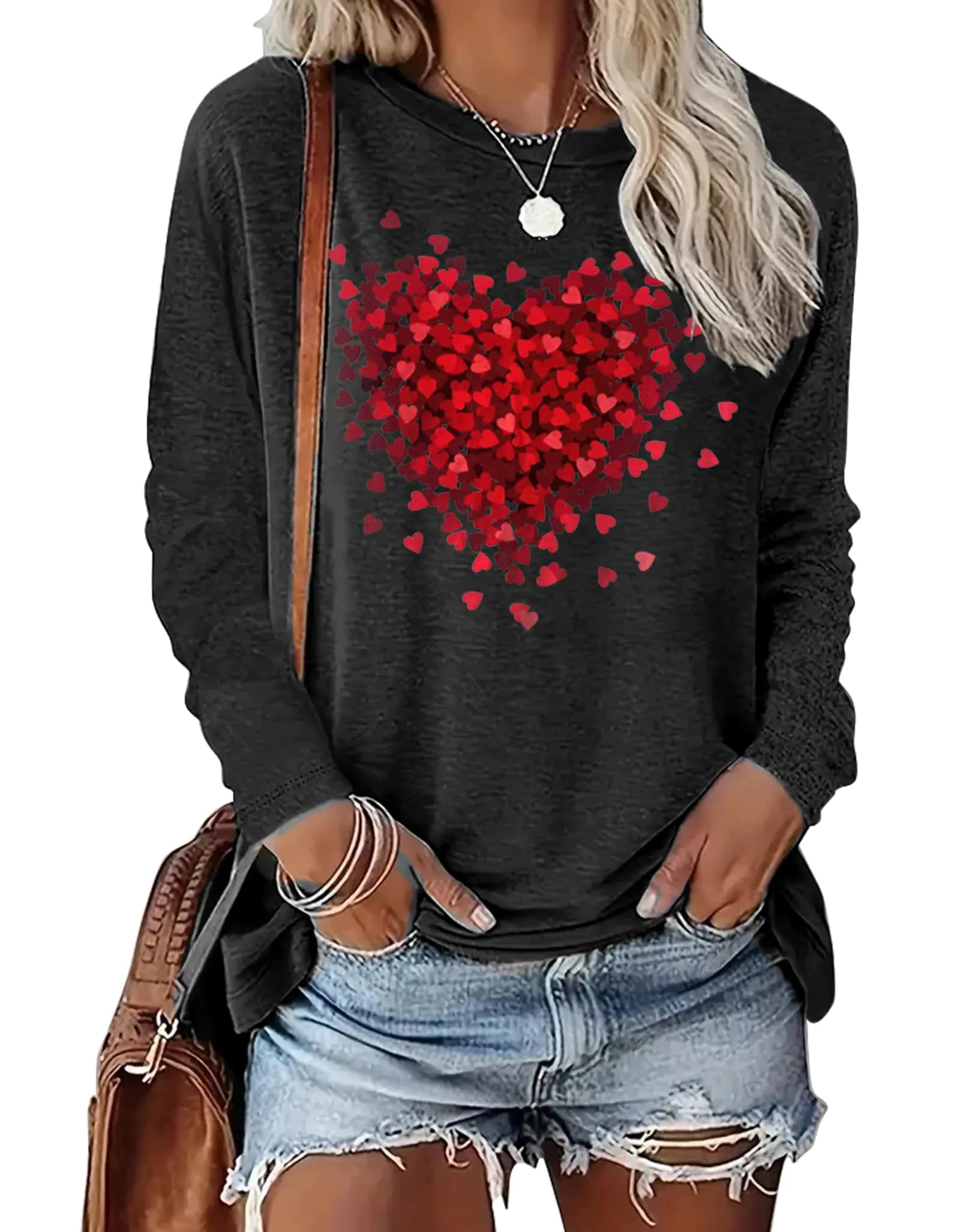 Valentines Day T Shirts for Women Funny Double Heart Graphic T Shirts Valentines Gift Shirt Long Sleeve Couple Tee Tops(Dark GreySmall)