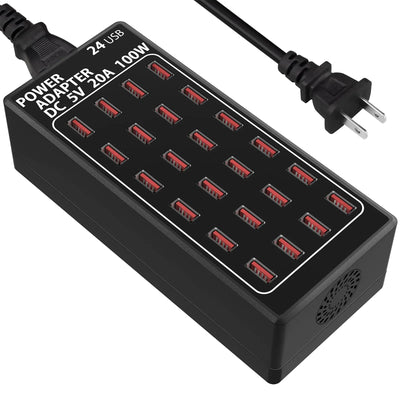 Estación de carga USB de 100 W/20 A con 24 puertos, cargador de escritorio multidispositivo, estación de carga rápida de teléfono con múltiples puertos, organizador adecuado para escuelas, centros comerciales, tiendas, hoteles