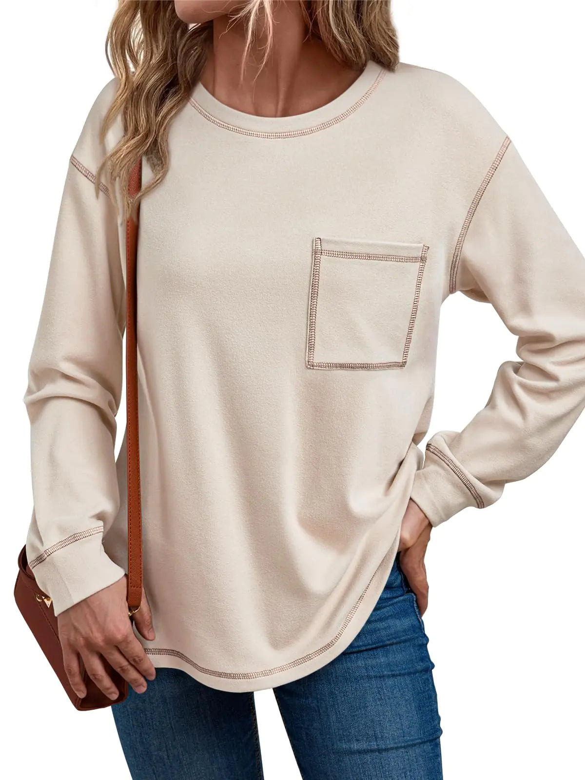 Trendy Queen Sudaderas de Cuello Redondo para Mujer, Camisetas de Manga Larga, Suéteres Ligeros, Blusas de Otoño, Conjuntos de Moda 2024 Albaricoque XXL