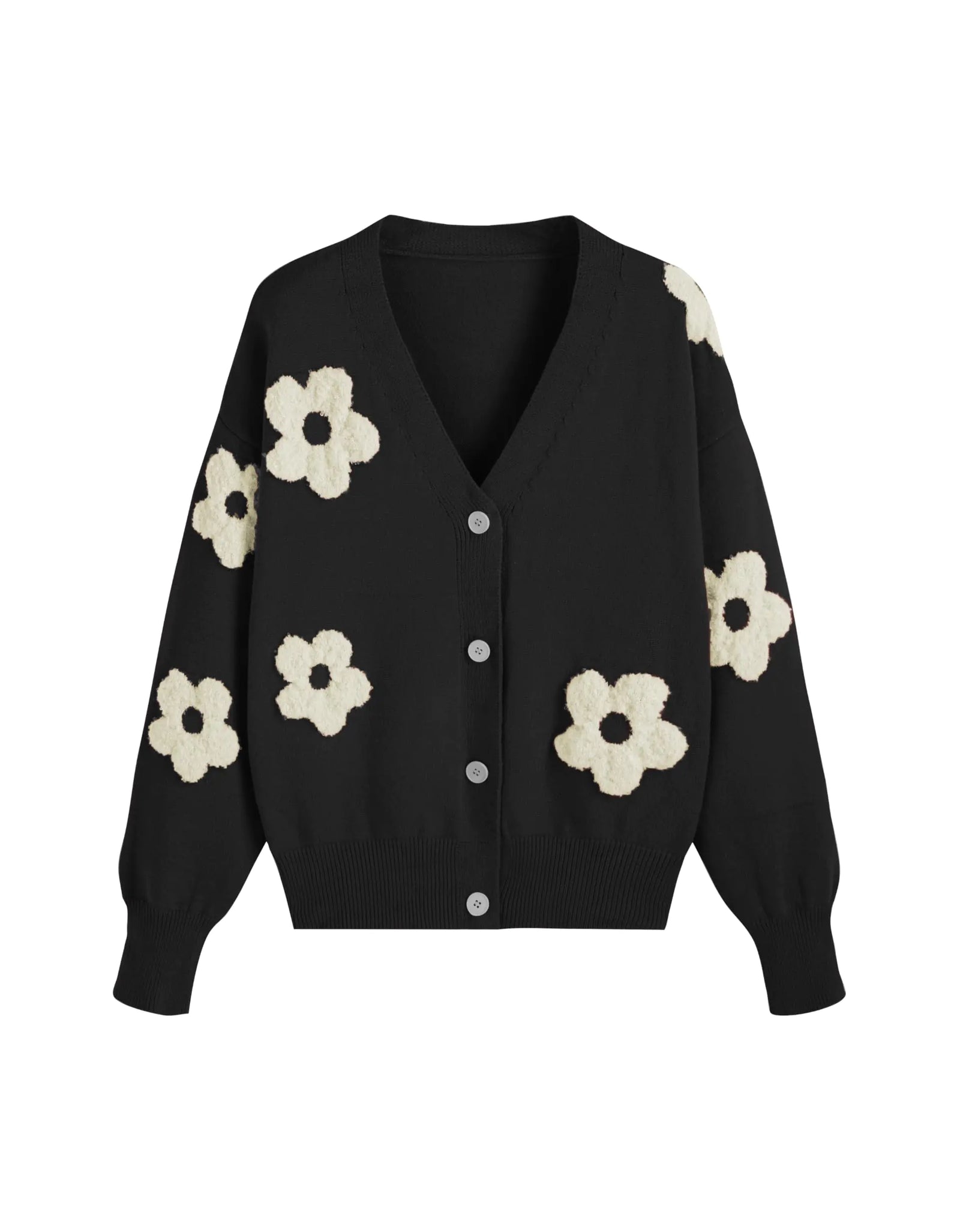 CIDER Women’s Plus Size Floral Cardigan Sweatshirt Flower Sweaters Button Down Long Sleeve Tops: Black 2XL