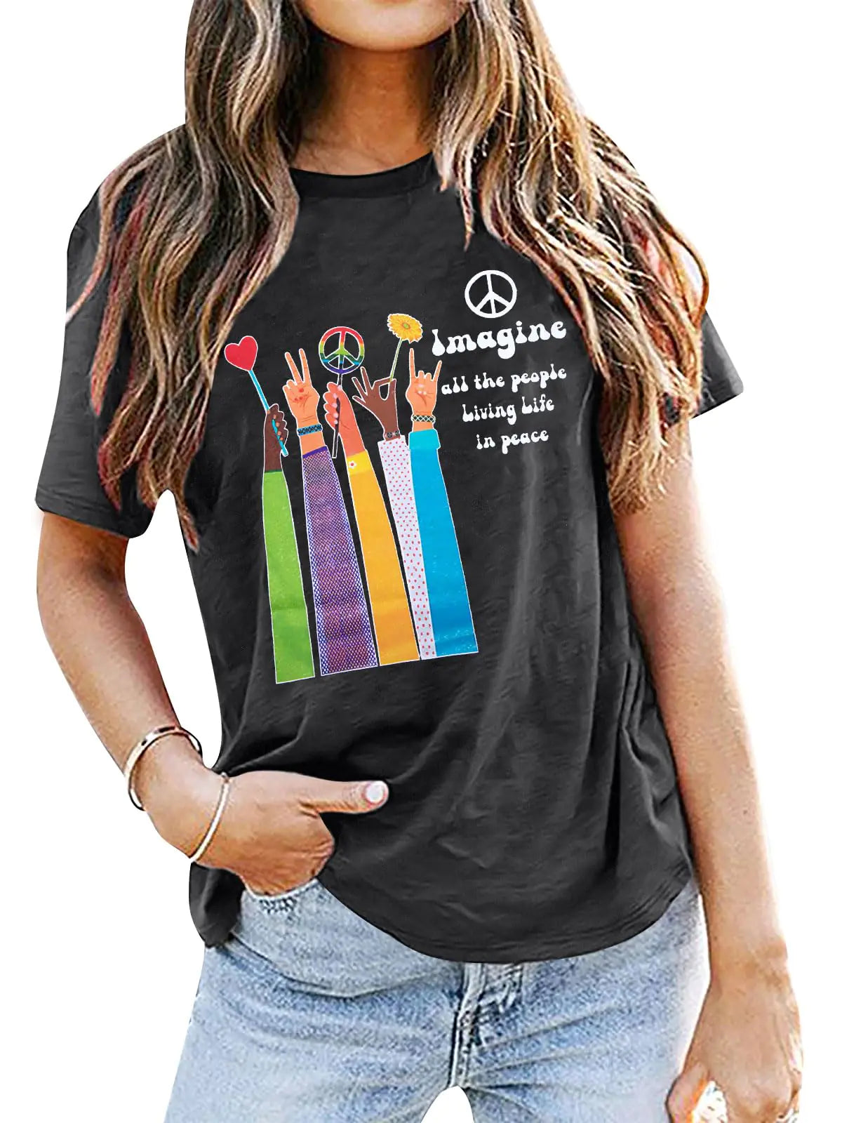 Peace Sign Shirts for Women Hippie Shirts Vintage Peace Shirt Casual Graphic Tee Short Sleeve Clothes Grey