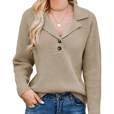 GRACE KARIN Suéteres de otoño para mujer 2024 Tejido de punto de manga larga con cuello y botones Suéter pulóver casual para mujer (CaquiM)