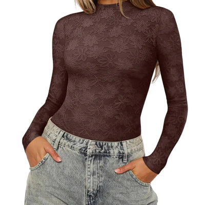 REORIA Womens Lace Crew Neck Bodysuits Long Sleeve Double Lined Going Out Fashion Tops 2024 Trendy Winter Outfits