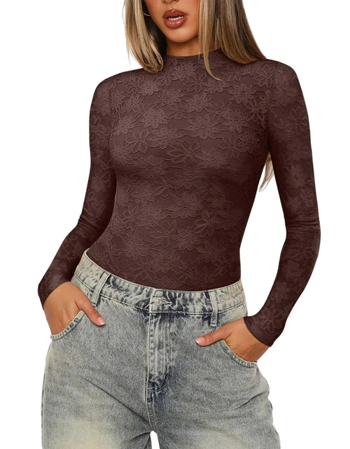 Load image into Gallery viewer, REORIA Womens Lace Crew Neck Bodysuits Long Sleeve Double Lined Going Out Fashion Tops 2024 Trendy Winter Outfits
