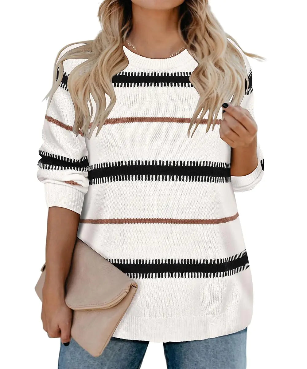 RITERA Plus Size Sweaters for Women Loose Knitted Sweaters Solid Color Striped Black White Sweatshirts Crewneck Pullover Sweaters Fall Winter Jumper Tops XL 14W 16W