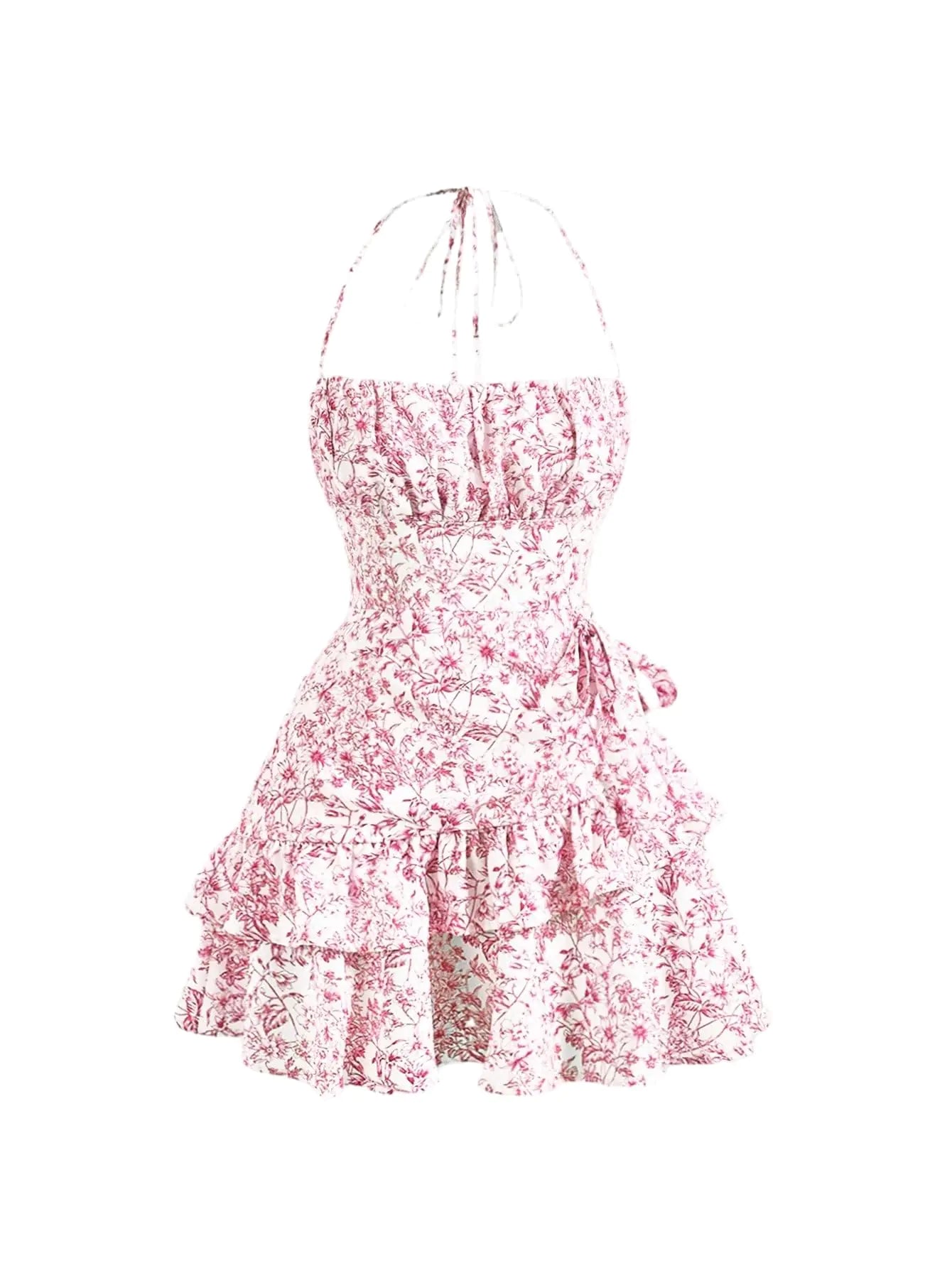 SOLY HUX Womens Summer Halter Dresses Boho Floral Sundress Ruffle Flowy Mini Dress Coquette Birthday Dresses Pink Floral S