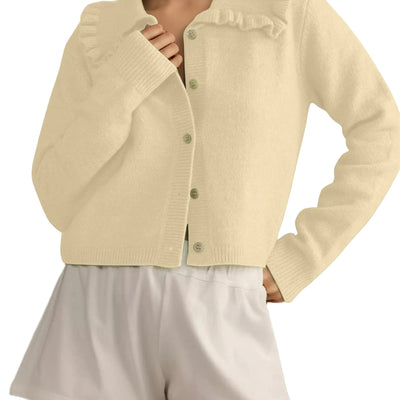 MISSACTIVER Women Ruffle Collar Cropped Cardigan Casual Lapel Button Down Sweaters Long Sleeve Open Front Knit Jacket Apricot