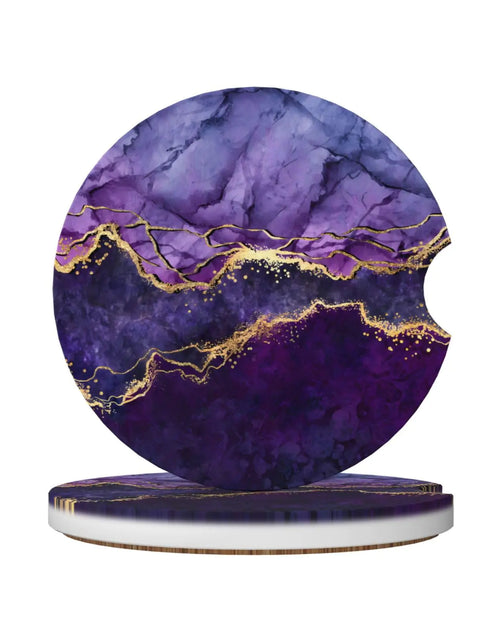 Charger l'image dans la visionneuse de galerie, Sous-verres de voiture absorbants en marbre violet pour porte-gobelets, lot de 2, en céramique, avec support en liège et encoche pour doigt, accessoires auto mignons pour femmes et hommes
