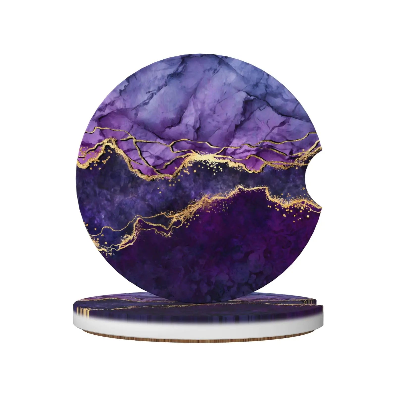 Sous-verres de voiture absorbants en marbre violet pour porte-gobelets, lot de 2, en céramique, avec support en liège et encoche pour doigt, accessoires auto mignons pour femmes et hommes