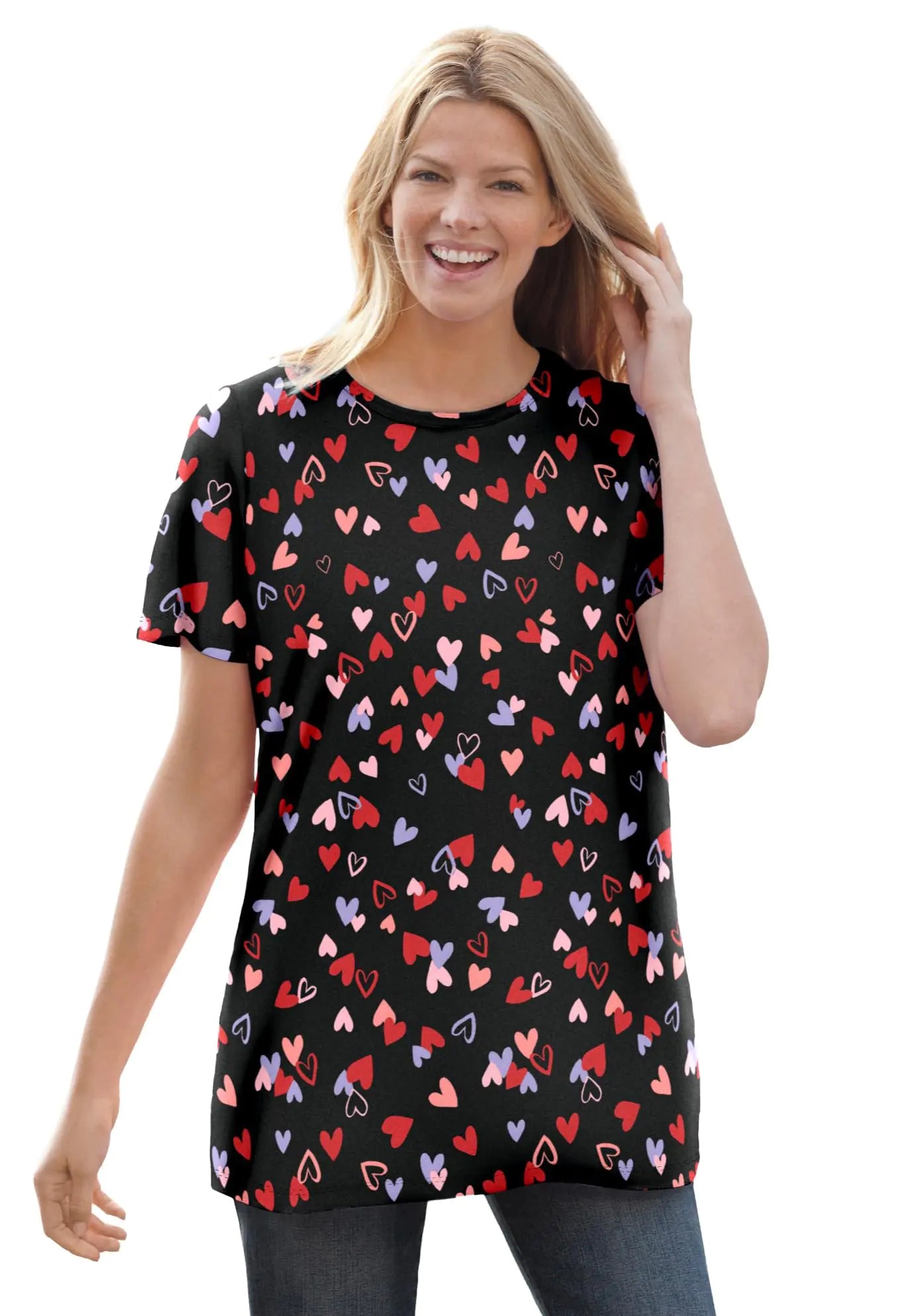 T-shirt imprimé à col rond et manches courtes pour femme Woman Within grande taille – Cœurs éparpillés noirs, taille M